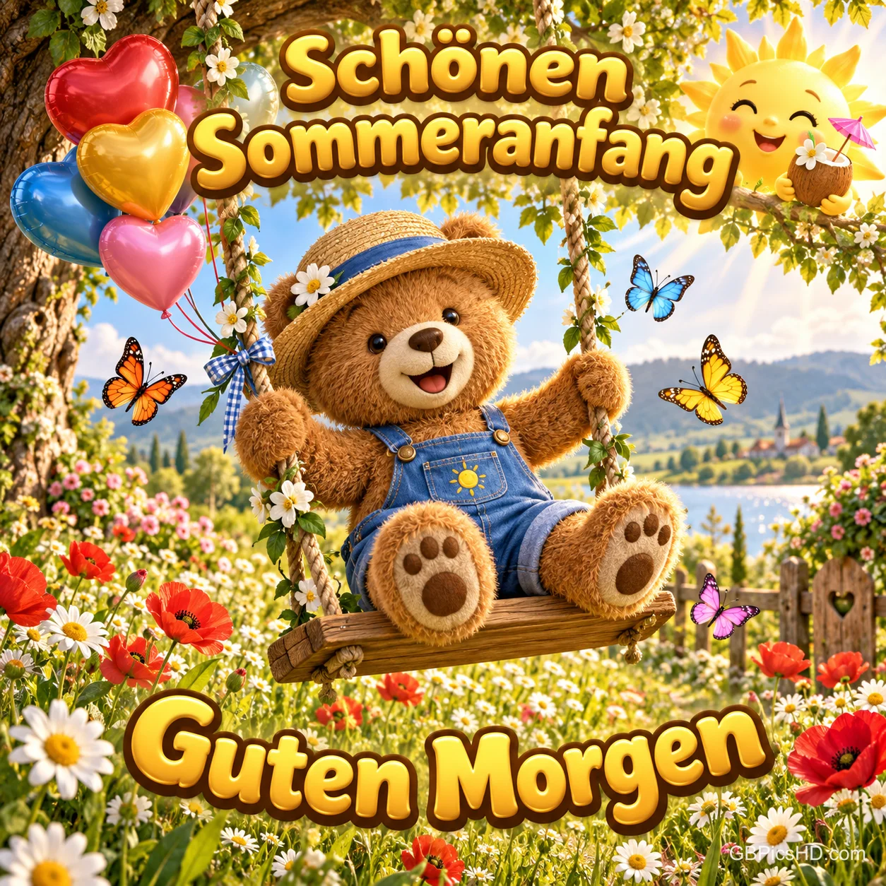 Teddybär mit Strohhut schaukelt auf einer Blumenwiese mit Herzballons, Schmetterlingen und lachender Sonne, Schrift "Schönen Sommeranfang" und "Guten Morgen" Teddybär mit Strohhut schaukelt auf einer Blumenwiese mit Herzballons, Schmetterlingen und lachender Sonne, Schrift "Schönen Sommeranfang" und "Guten Morgen"