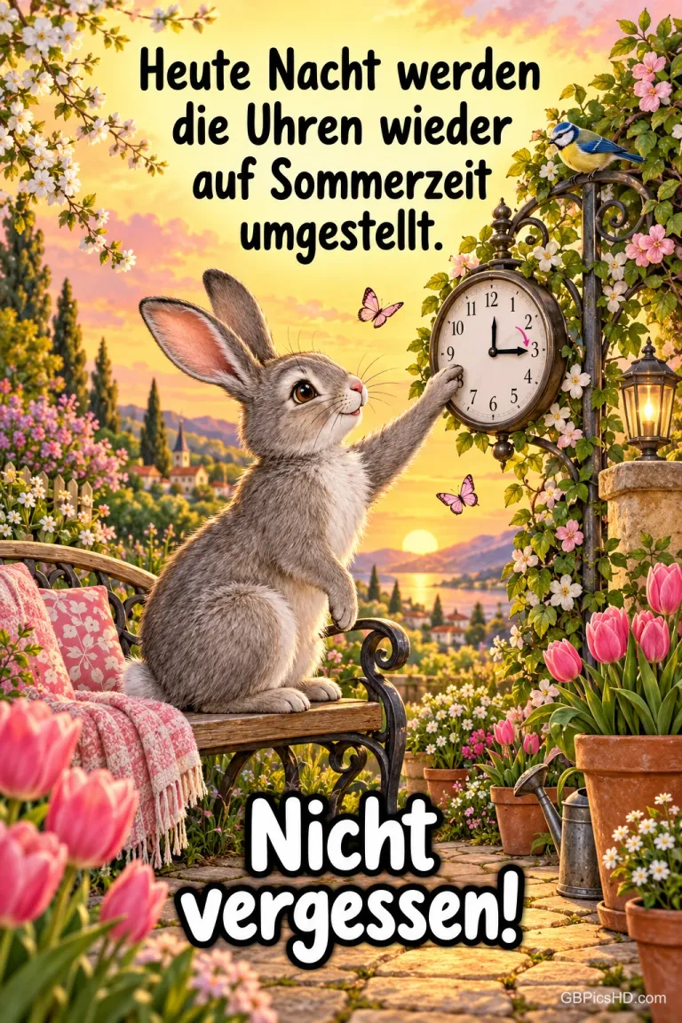 Ein Hase stellt in einem blühenden Frühlingsgarten eine Wanduhr vor, dazu "Heute Nacht werden die Uhren wieder auf Sommerzeit umgestellt. Nicht vergessen!".