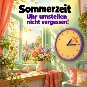 Eine lila Wanduhr mit Pfeil nach vorne in einem sonnigen Zimmer mit Frühlingsblumen und dem Hinweis "Sommerzeit – Uhr umstellen nicht vergessen!".