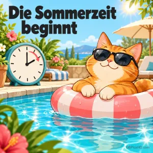Eine Katze mit Sonnenbrille entspannt im Schwimmring am Pool neben einer Uhr mit dem Schriftzug "Die Sommerzeit beginnt".