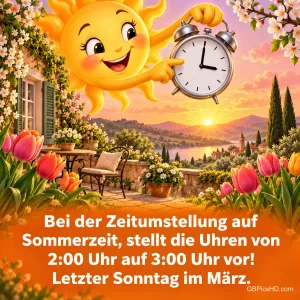 Eine lachende Sonne hält einen Wecker über einer Frühlingslandschaft mit Tulpen, dazu "Bei der Zeitumstellung auf Sommerzeit, stellt die Uhren von 2:00 Uhr auf 3:00 Uhr vor! Letzter Sonntag im März.".