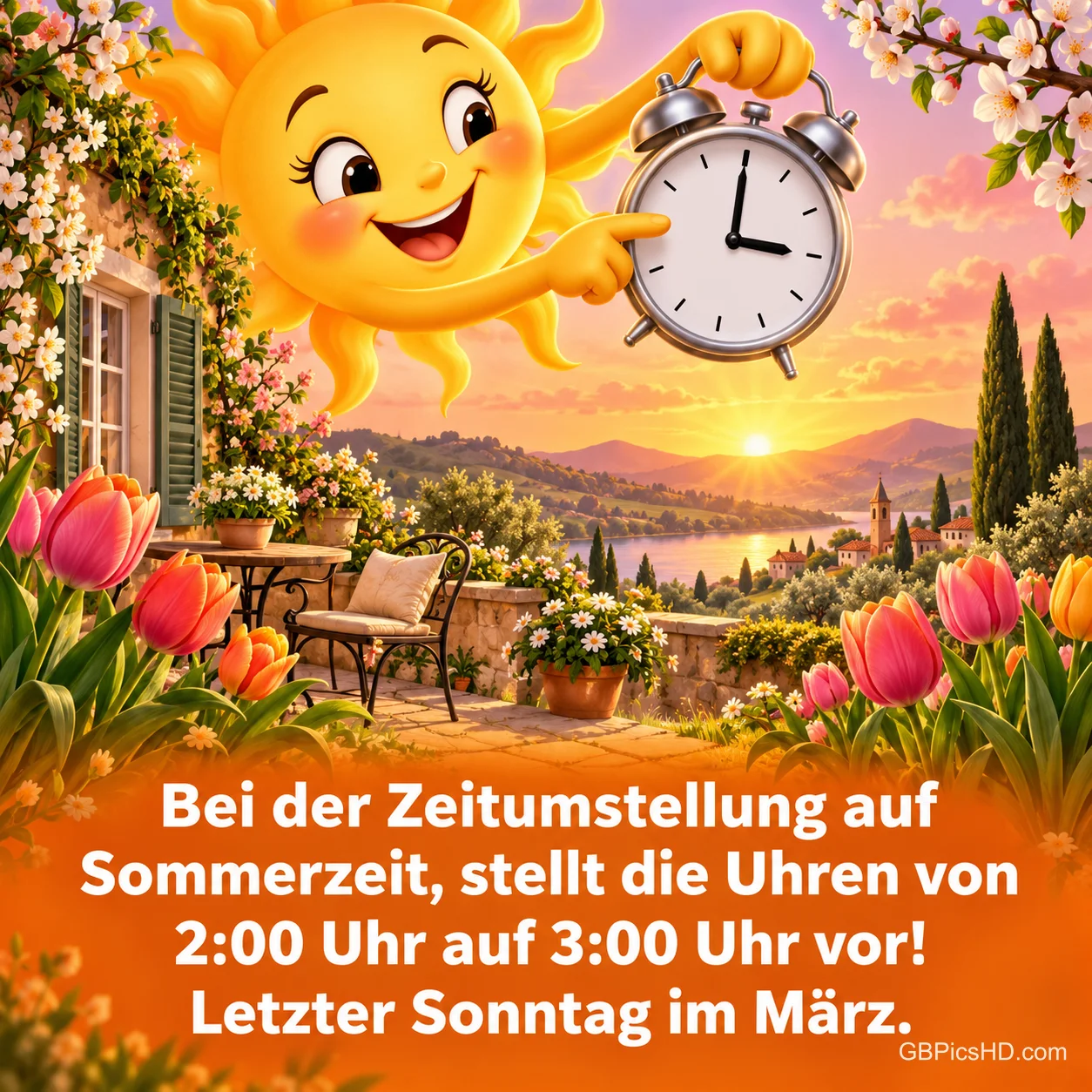 Eine lachende Sonne hält einen Wecker über einer Frühlingslandschaft mit Tulpen, dazu "Bei der Zeitumstellung auf Sommerzeit, stellt die Uhren von 2:00 Uhr auf 3:00 Uhr vor! Letzter Sonntag im März.". Eine lachende Sonne hält einen Wecker über einer Frühlingslandschaft mit Tulpen, dazu "Bei der Zeitumstellung auf Sommerzeit, stellt die Uhren von 2:00 Uhr auf 3:00 Uhr vor! Letzter Sonntag im März.".