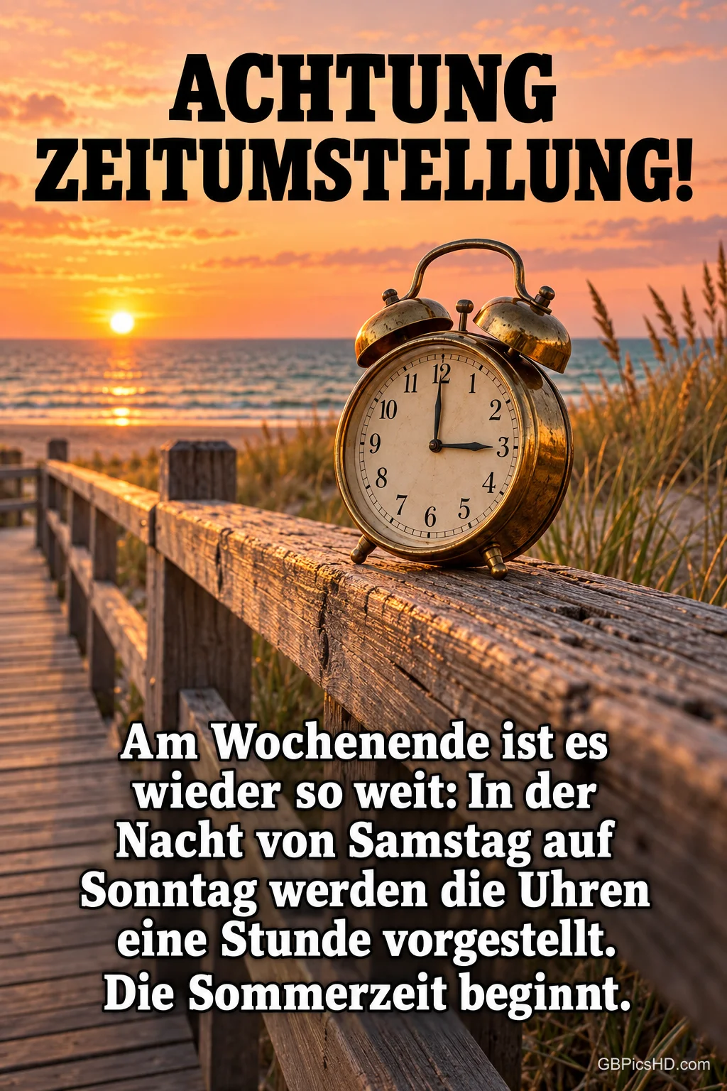 Ein alter Wecker auf einem Holzgeländer an den Dünen bei Sonnenuntergang mit dem Hinweis "ACHTUNG ZEITUMSTELLUNG! … Die Sommerzeit beginnt.". Ein alter Wecker auf einem Holzgeländer an den Dünen bei Sonnenuntergang mit dem Hinweis "ACHTUNG ZEITUMSTELLUNG! … Die Sommerzeit beginnt.".