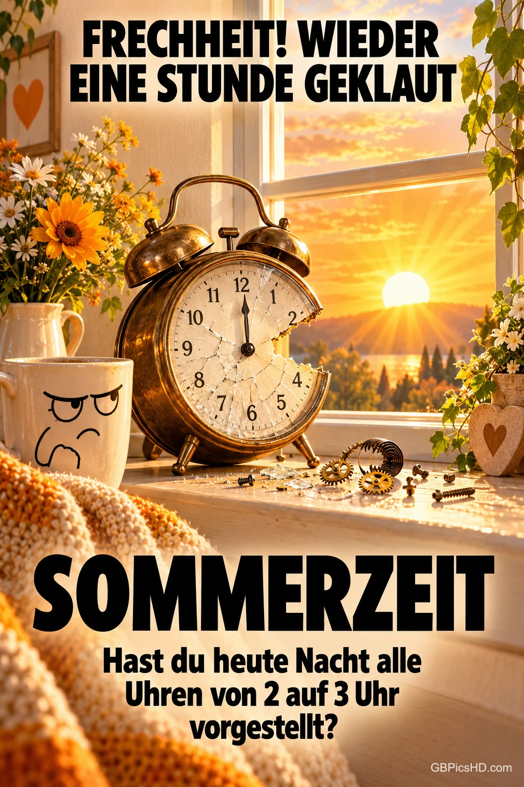 Ein kaputter Wecker und eine grimmige Tasse am sonnigen Fenster mit dem Spruch "FRECHHEIT! WIEDER EINE STUNDE GEKLAUT" zur Sommerzeit. Ein kaputter Wecker und eine grimmige Tasse am sonnigen Fenster mit dem Spruch "FRECHHEIT! WIEDER EINE STUNDE GEKLAUT" zur Sommerzeit.