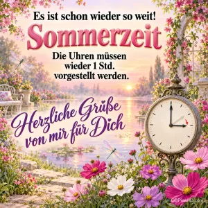 Eine nostalgische Standuhr in einem Blumengarten am See mit Libellen und dem Text "Es ist schon wieder so weit! Sommerzeit" und "Herzliche Grüße von mir für Dich".