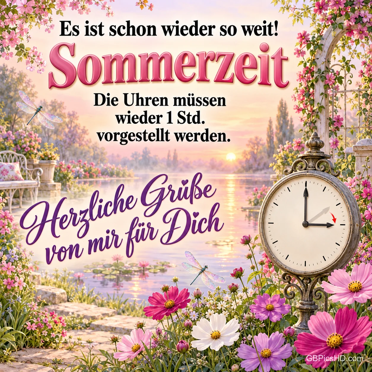 Eine nostalgische Standuhr in einem Blumengarten am See mit Libellen und dem Text "Es ist schon wieder so weit! Sommerzeit" und "Herzliche Grüße von mir für Dich". Eine nostalgische Standuhr in einem Blumengarten am See mit Libellen und dem Text "Es ist schon wieder so weit! Sommerzeit" und "Herzliche Grüße von mir für Dich".