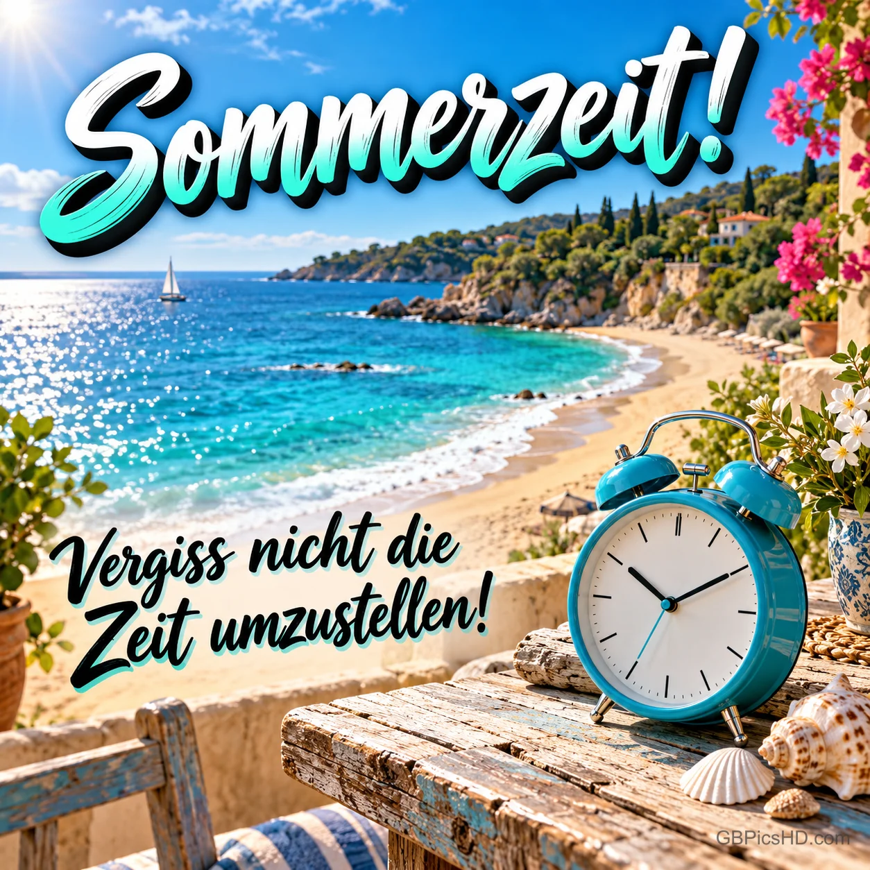 Ein türkiser Wecker mit Muscheln auf einem Holztisch an einer Mittelmeerbucht mit dem Schriftzug "Sommerzeit! Vergiss nicht die Zeit umzustellen!". Ein türkiser Wecker mit Muscheln auf einem Holztisch an einer Mittelmeerbucht mit dem Schriftzug "Sommerzeit! Vergiss nicht die Zeit umzustellen!".