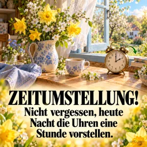 Ein Wecker steht neben Kaffee und Narzissen am offenen Fenster über "ZEITUMSTELLUNG!" mit einem Hinweis zum Vorstellen der Uhren.