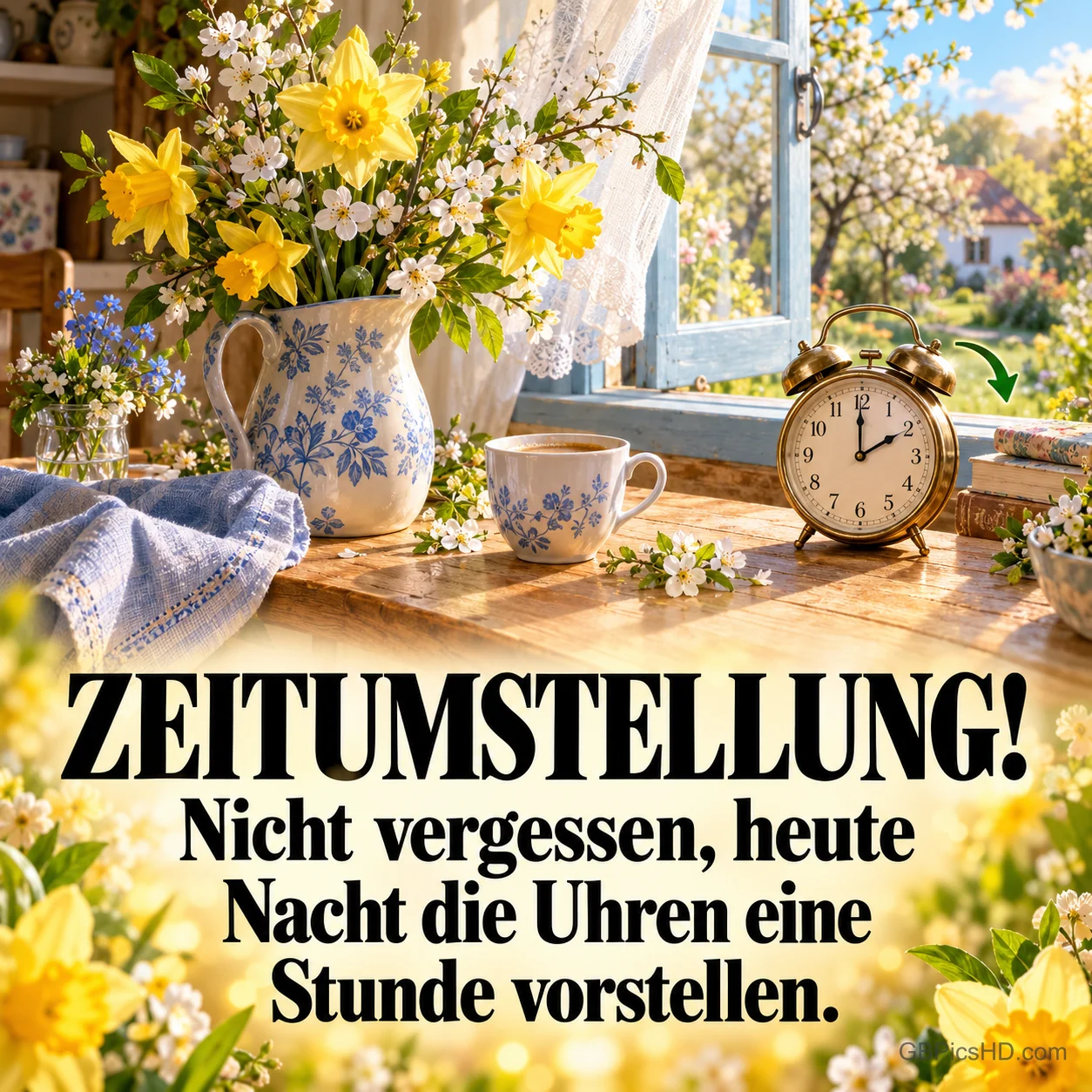 Ein Wecker steht neben Kaffee und Narzissen am offenen Fenster über "ZEITUMSTELLUNG!" mit einem Hinweis zum Vorstellen der Uhren. Ein Wecker steht neben Kaffee und Narzissen am offenen Fenster über "ZEITUMSTELLUNG!" mit einem Hinweis zum Vorstellen der Uhren.
