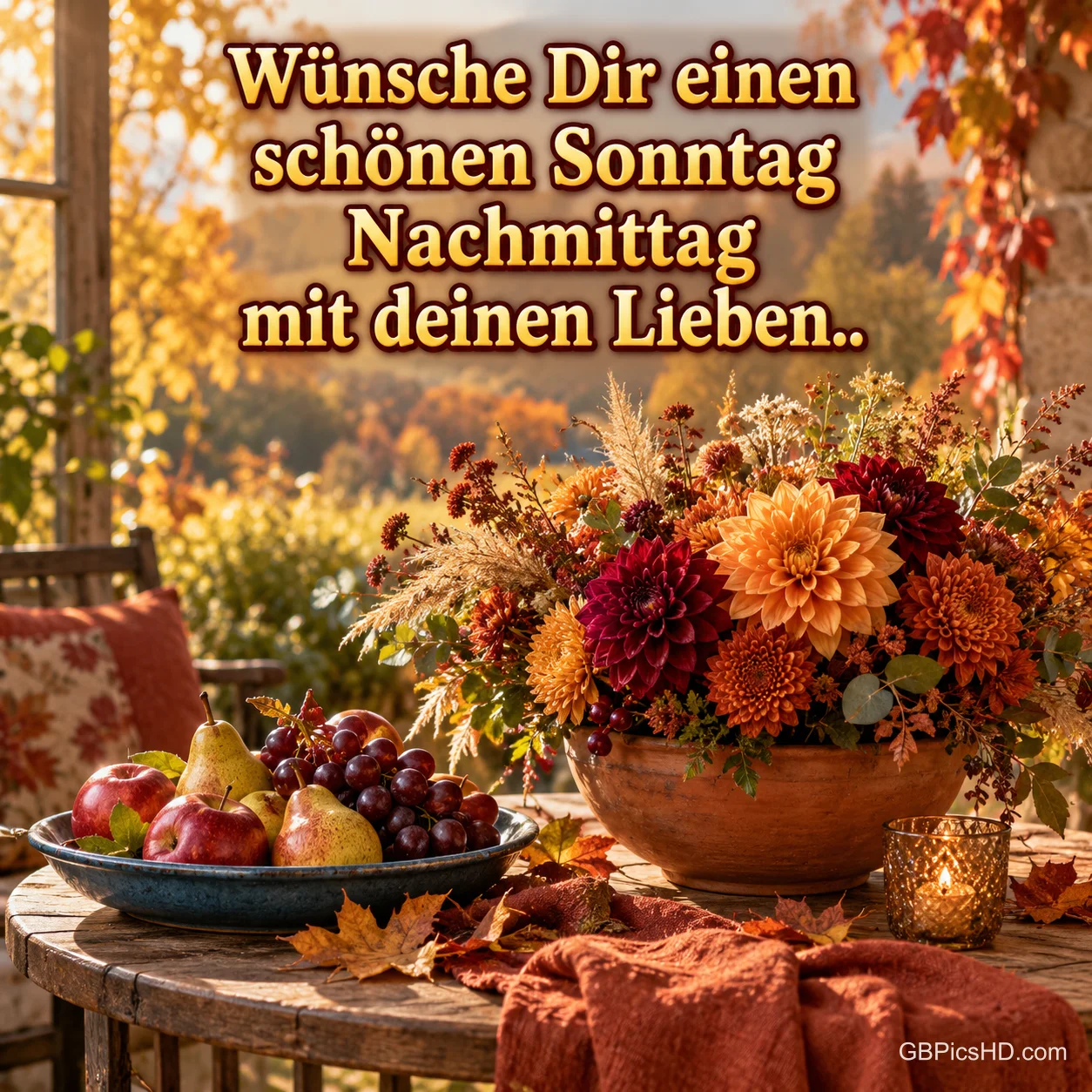 Herbstblumen, Obst und eine Kerze auf einem Tisch mit dem Gruß "Wünsche Dir einen schönen Sonntag Nachmittag mit deinen Lieben.."