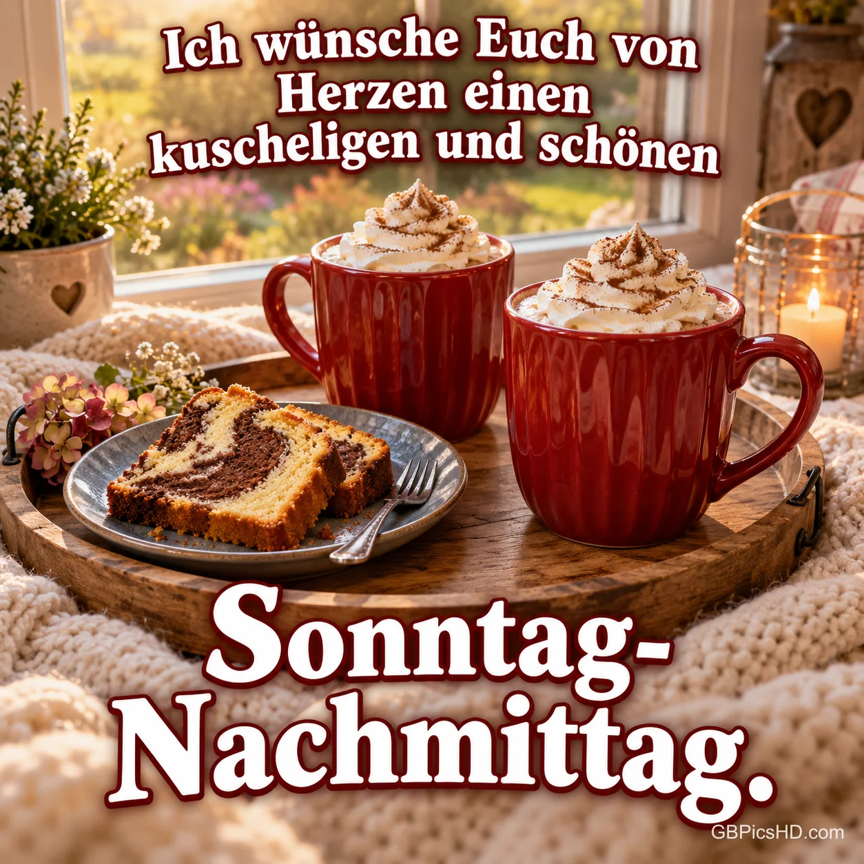 Rote Tassen mit Sahne, Kuchen und eine Kerze mit dem Gruß "Ich wünsche Euch von Herzen einen kuscheligen und schönen Sonntag- Nachmittag."