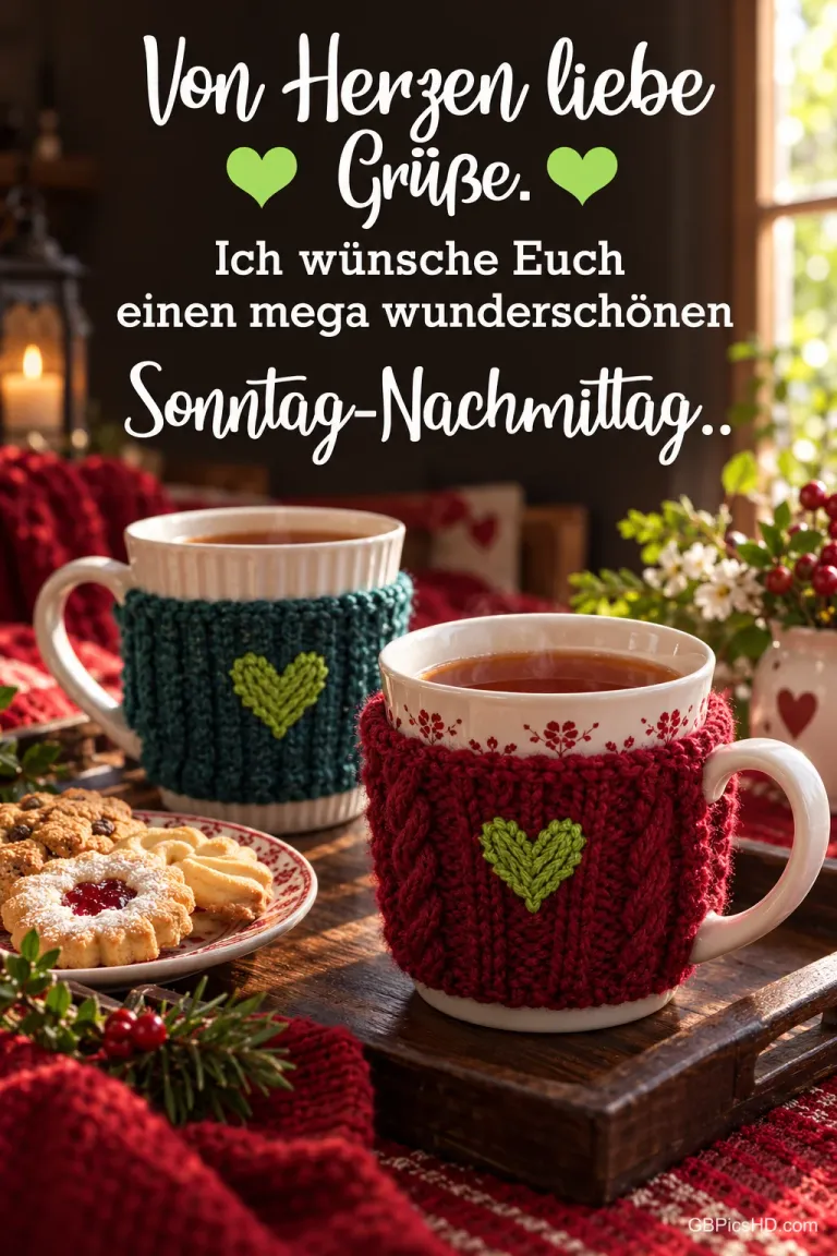 Zwei Teetassen mit gestrickten Hüllen und grünen Herzen stehen neben Gebäck unter dem Gruß "Von Herzen liebe Grüße."