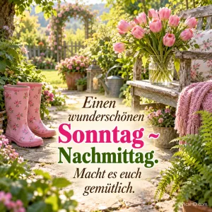 Rosa Tulpen auf einer Gartenbank und rosa Gummistiefel mit dem Gruß "Einen wunderschönen Sonntag ~ Nachmittag. Macht es euch gemütlich."