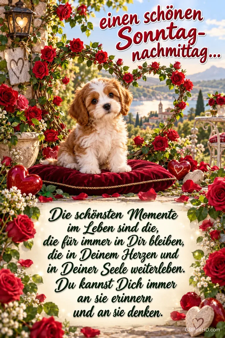 Ein Welpe sitzt auf einem roten Kissen zwischen Rosen und Herzen unter dem Gruß "einen schönen Sonntag- nachmittag..."