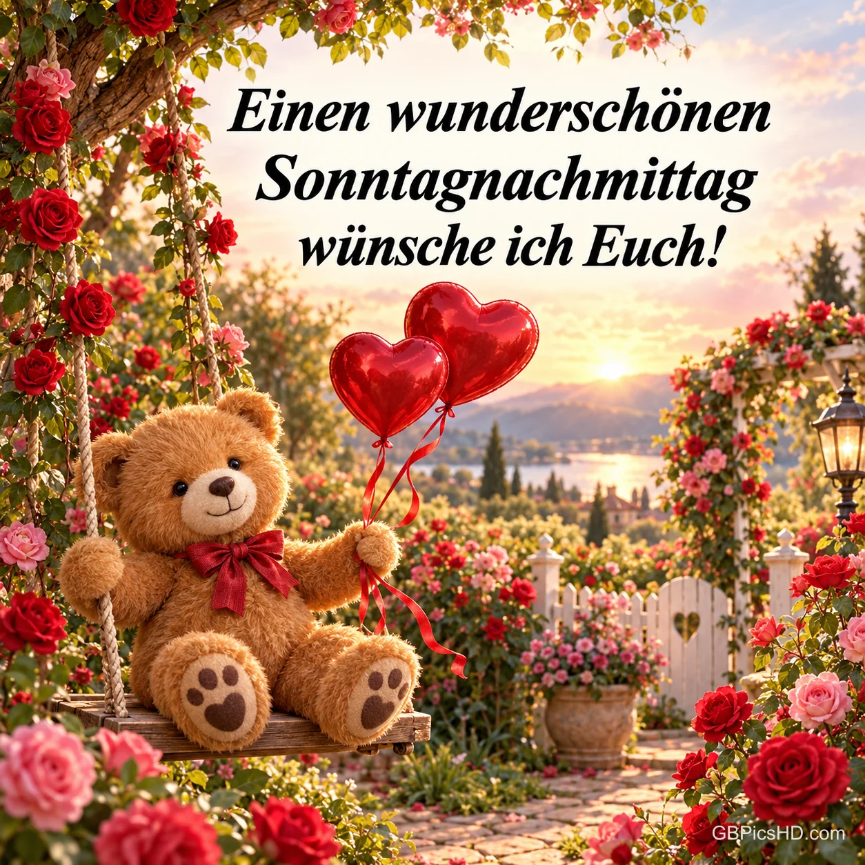 Ein Teddybär hält rote Herzballons auf einer Schaukel im Rosengarten mit dem Gruß "Einen wunderschönen Sonntagnachmittag wünsche ich Euch!"