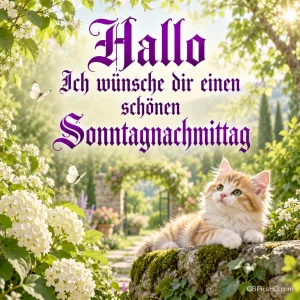 Ein rot-weißes Kätzchen liegt auf einem moosigen Stein zwischen Blüten unter "Hallo Ich wünsche dir einen schönen Sonntagnachmittag".