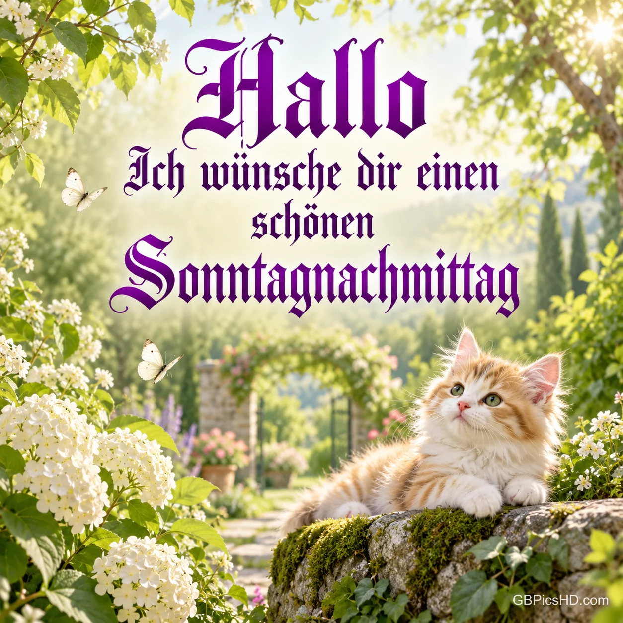Ein rot-weißes Kätzchen liegt auf einem moosigen Stein zwischen Blüten unter "Hallo Ich wünsche dir einen schönen Sonntagnachmittag". Ein rot-weißes Kätzchen liegt auf einem moosigen Stein zwischen Blüten unter "Hallo Ich wünsche dir einen schönen Sonntagnachmittag".