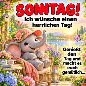 Ein lächelnder Elefant mit rosa Hut sitzt im Korbsessel am See neben "Genießt den Tag und macht es euch gemütlich...".