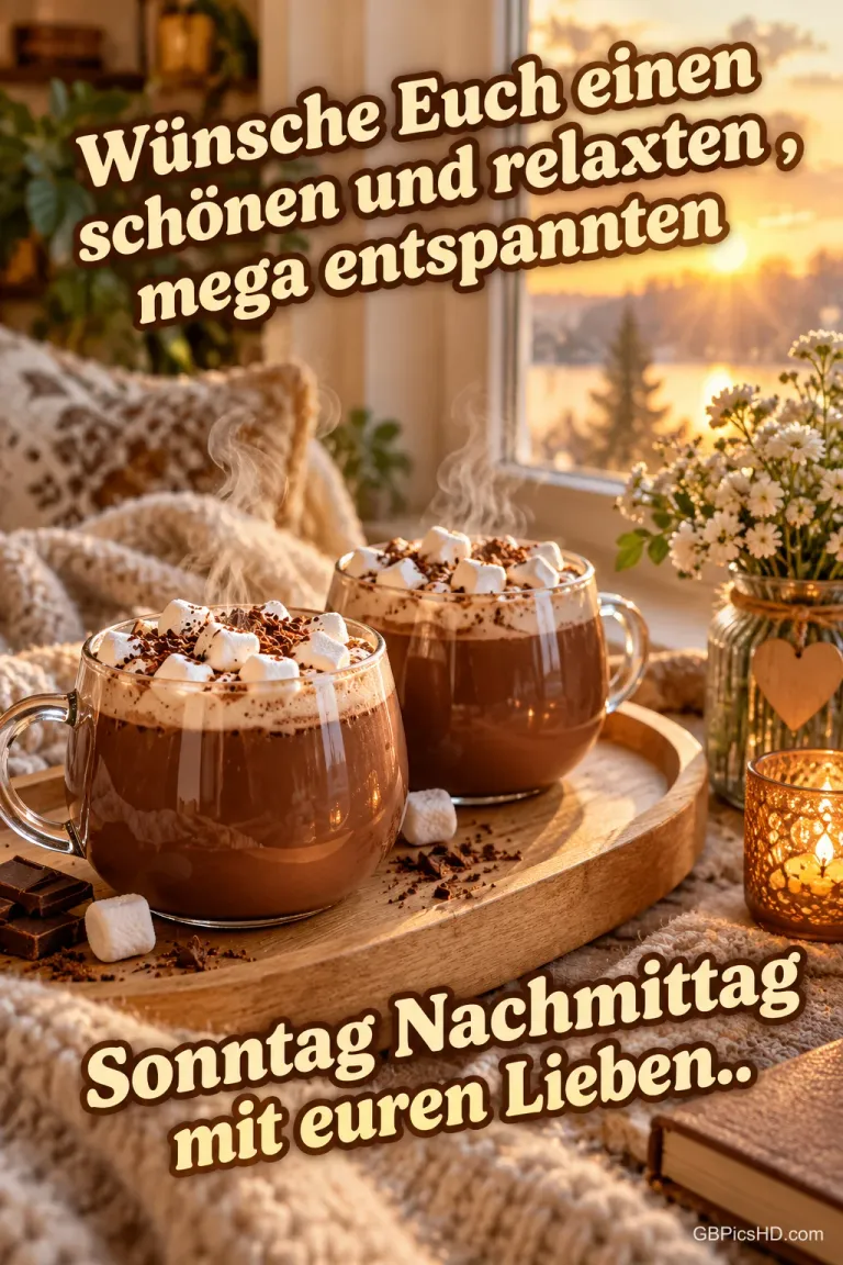 Zwei Gläser heiße Schokolade mit Marshmallows stehen auf einem Holztablett neben "Sonntag Nachmittag mit euren Lieben..".