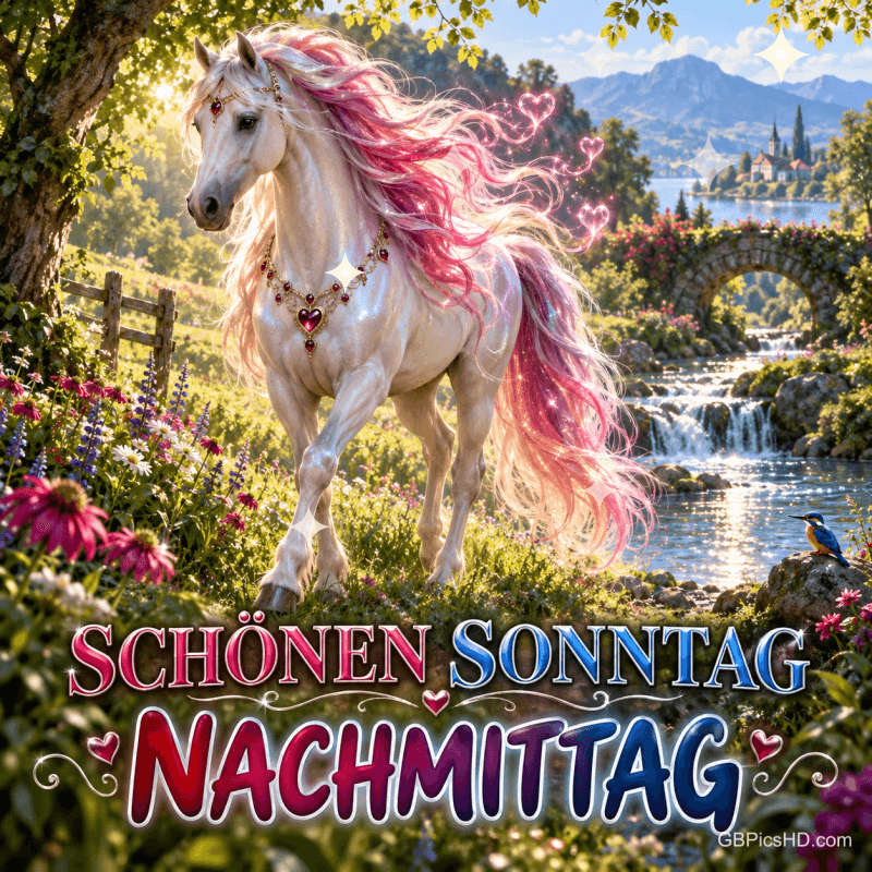 Ein weißes Pferd mit rosa Mähne steht am Bach vor einer Steinbrücke über dem Gruß "SCHÖNEN SONNTAGNACHMITTAG".