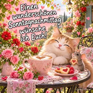 Ein Kätzchen und eine Maus sitzen bei Kaffee und Herzkeksen unter "Einen wunderschönen Sonntagnachmittag wünsche ich Euch!".