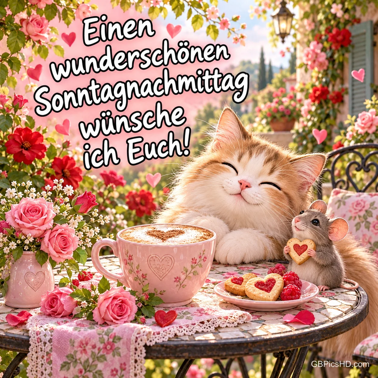 Ein Kätzchen und eine Maus sitzen bei Kaffee und Herzkeksen unter "Einen wunderschönen Sonntagnachmittag wünsche ich Euch!".