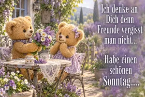Zwei Teddybären sitzen mit Blumen und Teetassen am Gartentisch neben "Ich denke an Dich denn Freunde vergisst man nicht...".
