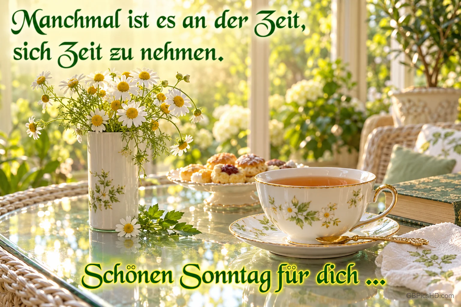 Tee, Kuchen, ein Buch und eine Vase mit Kamillenblüten stehen auf einem sonnigen Tisch unter "Schönen Sonntag für dich ...".