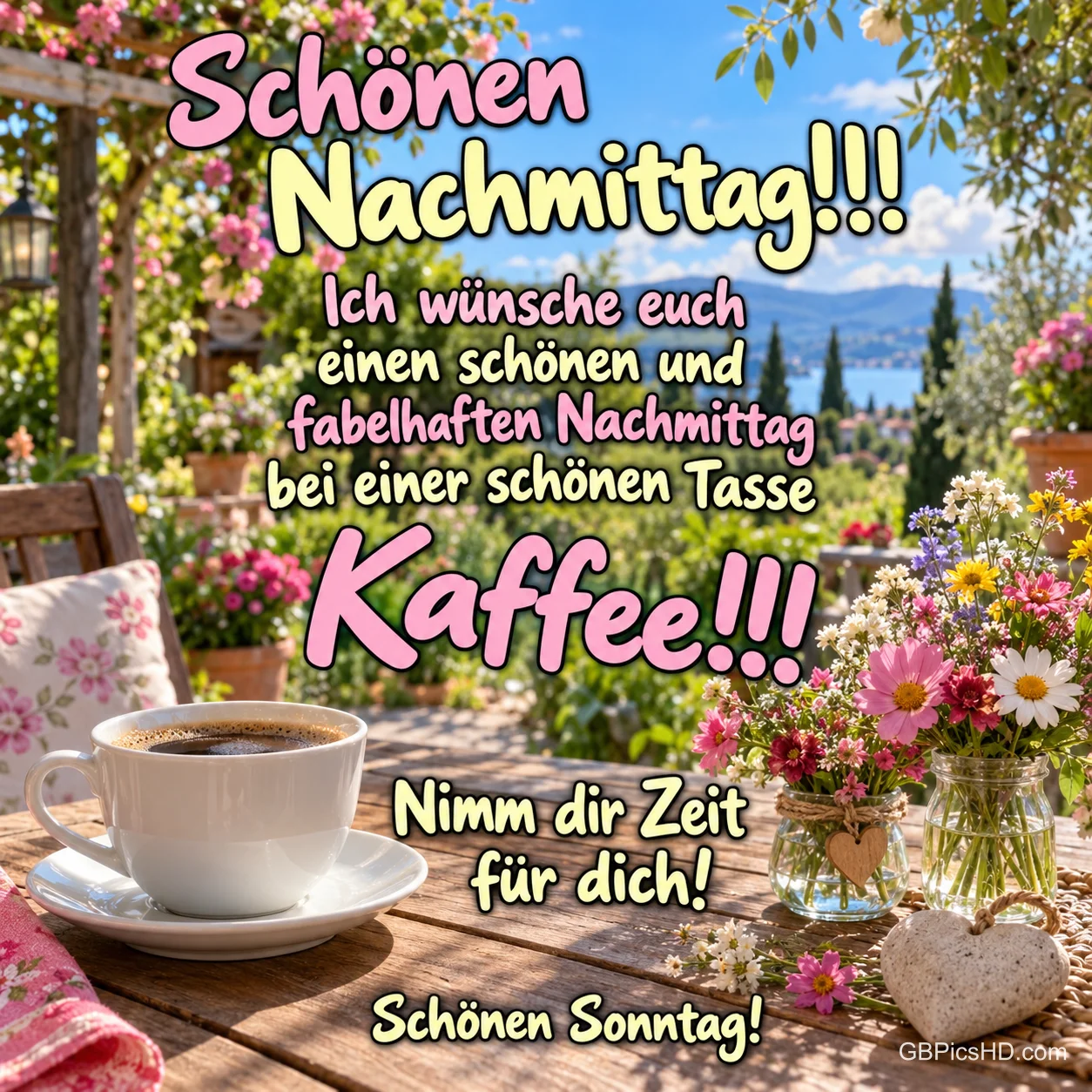 Eine Tasse Kaffee steht mit Blumen und einem Steinherz auf einem Gartentisch vor "Schönen Nachmittag!!!" und "Schönen Sonntag!". Eine Tasse Kaffee steht mit Blumen und einem Steinherz auf einem Gartentisch vor "Schönen Nachmittag!!!" und "Schönen Sonntag!".