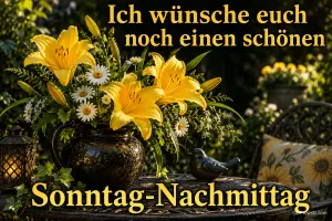 Gelbe Lilien und weiße Blüten in einer dunklen Vase mit "Ich wünsche euch noch einen schönen Sonntag-Nachmittag".