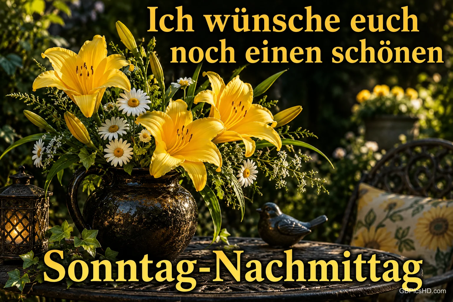 Gelbe Lilien und weiße Blüten in einer dunklen Vase mit "Ich wünsche euch noch einen schönen Sonntag-Nachmittag".