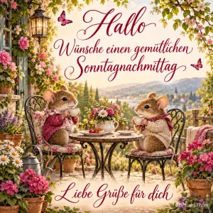 Zwei Mäuse trinken zwischen Blumen Tee mit dem Gruß "Hallo Wünsche einen gemütlichen Sonntagnachmittag Liebe Grüße für dich".