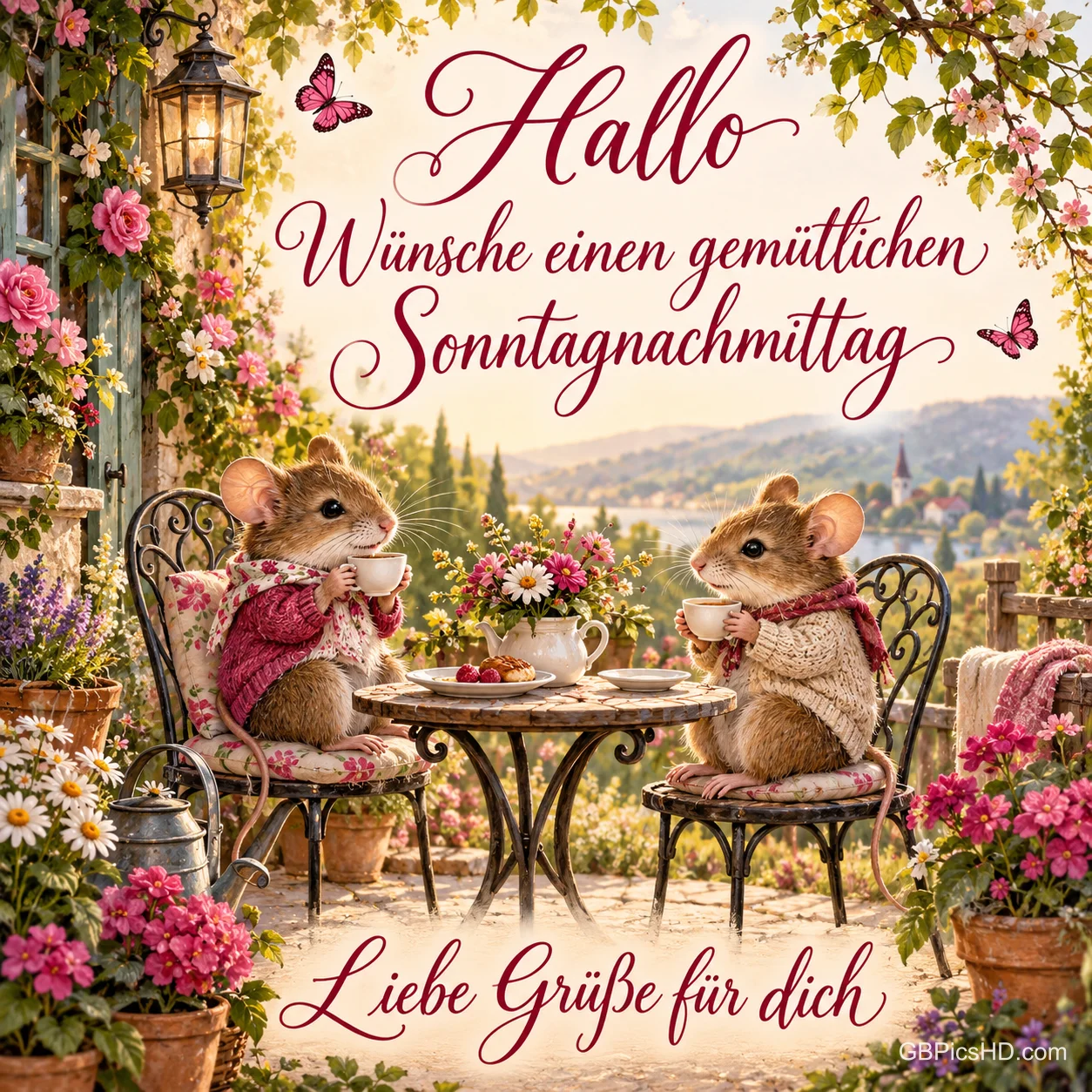 Zwei Mäuse trinken zwischen Blumen Tee mit dem Gruß "Hallo Wünsche einen gemütlichen Sonntagnachmittag Liebe Grüße für dich". Zwei Mäuse trinken zwischen Blumen Tee mit dem Gruß "Hallo Wünsche einen gemütlichen Sonntagnachmittag Liebe Grüße für dich".