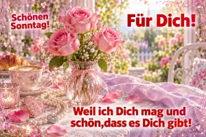 Rosa Rosen, eine Teetasse und Perlen mit "Schönen Sonntag! Für Dich! Weil ich Dich mag und schön, dass es Dich gibt!".
