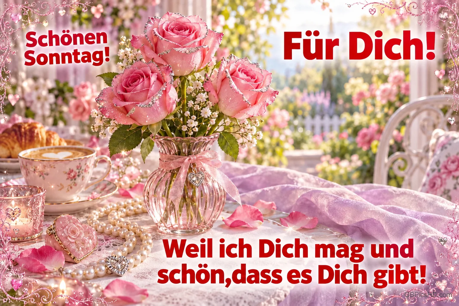 Rosa Rosen, eine Teetasse und Perlen mit "Schönen Sonntag! Für Dich! Weil ich Dich mag und schön, dass es Dich gibt!".