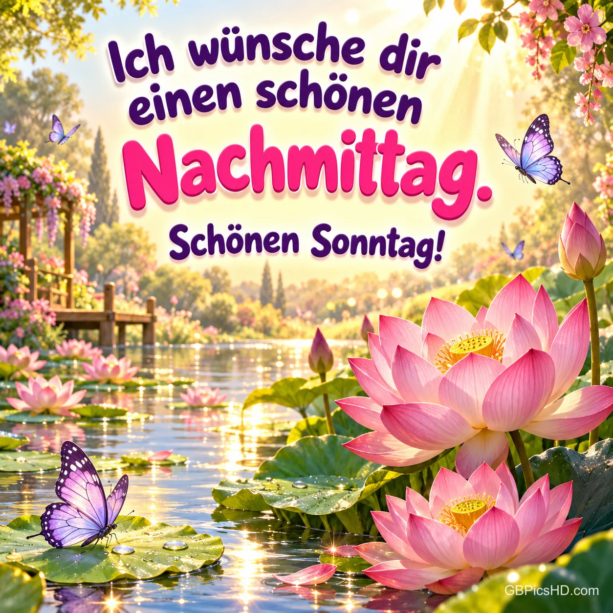 Rosa Lotusblüten und violette Schmetterlinge am Teich mit "Ich wünsche dir einen schönen Nachmittag. Schönen Sonntag!".