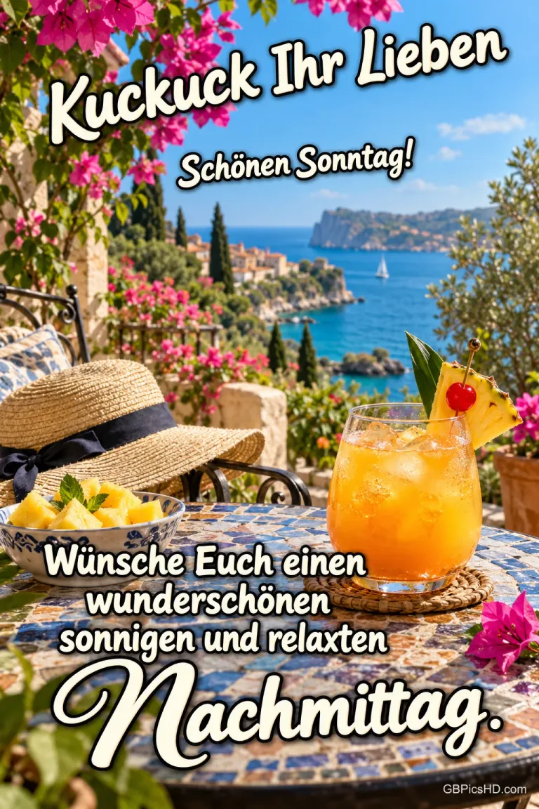 Ein orangefarbenes Getränk und ein Strohhut auf einer Terrasse am Meer mit "Schönen Sonntag!".