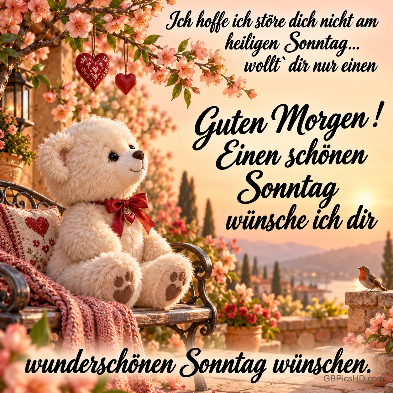 Ein weißer Teddybär mit roter Schleife sitzt unter rosa Blüten auf einer Bank mit "Einen schönen Sonntag wünsche ich dir".
