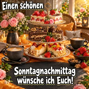 Kuchenstücke auf einer Etagere, Erdbeeren und zwei Tassen Kaffee mit "Einen schönen Sonntagnachmittag wünsche ich Euch!".