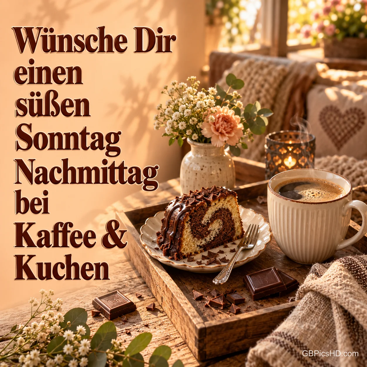 Eine Tasse Kaffee und ein Stück Marmorkuchen auf einem Holztablett mit "Wünsche Dir einen süßen Sonntagnachmittag bei Kaffee & Kuchen".