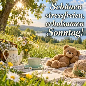 Ein Teddybär, Tee, Wiesenblumen und ein offenes Buch auf einer Picknickdecke mit "Schönen stressfreien, erholsamen Sonntag!".