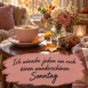 Eine rosa Tasse, Blumen, Gebäck und eine Kerze stehen auf dem Tisch: "Ich wünsche jedem von euch einen wunderschönen Sonntag".