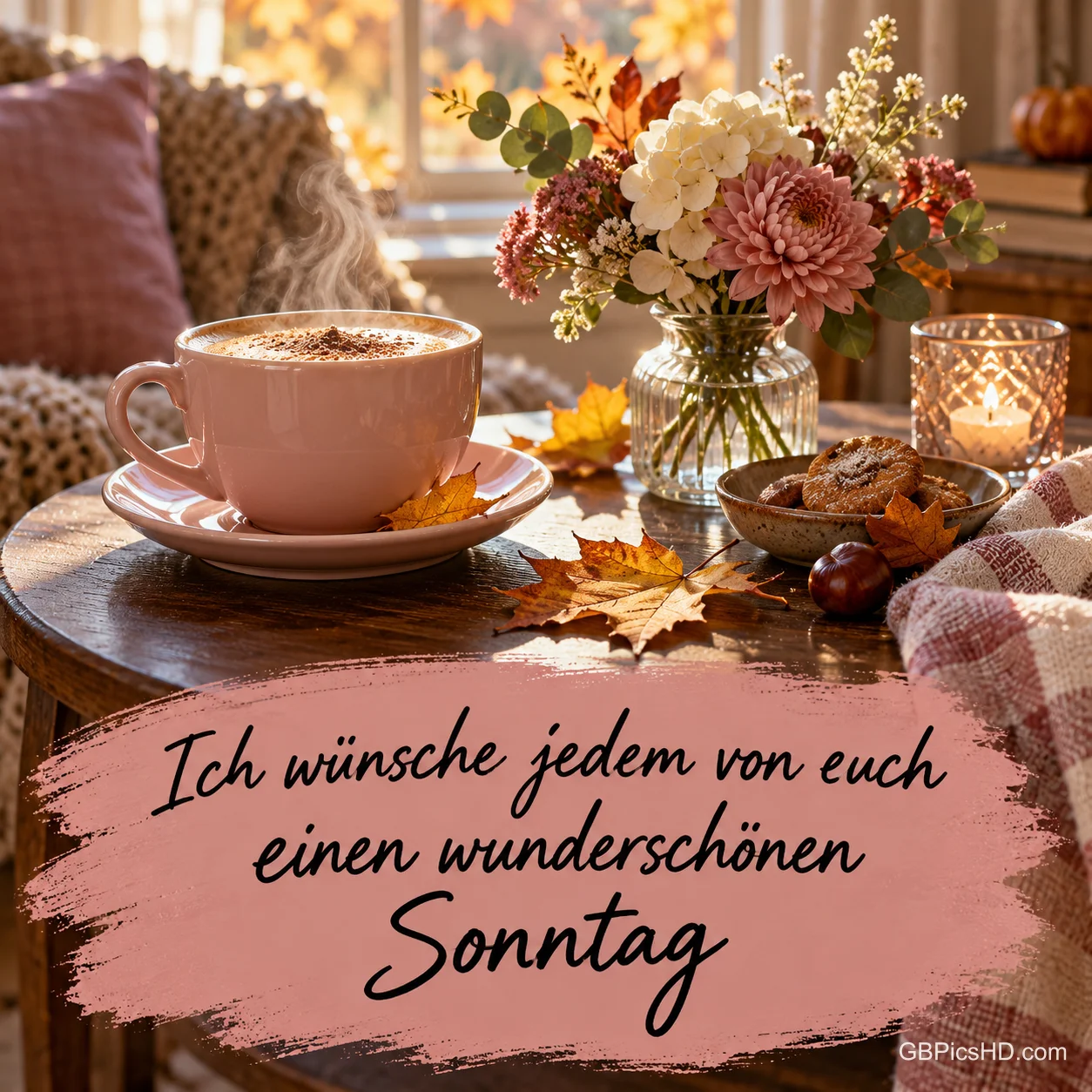 Eine rosa Tasse, Blumen, Gebäck und eine Kerze stehen auf dem Tisch: "Ich wünsche jedem von euch einen wunderschönen Sonntag".