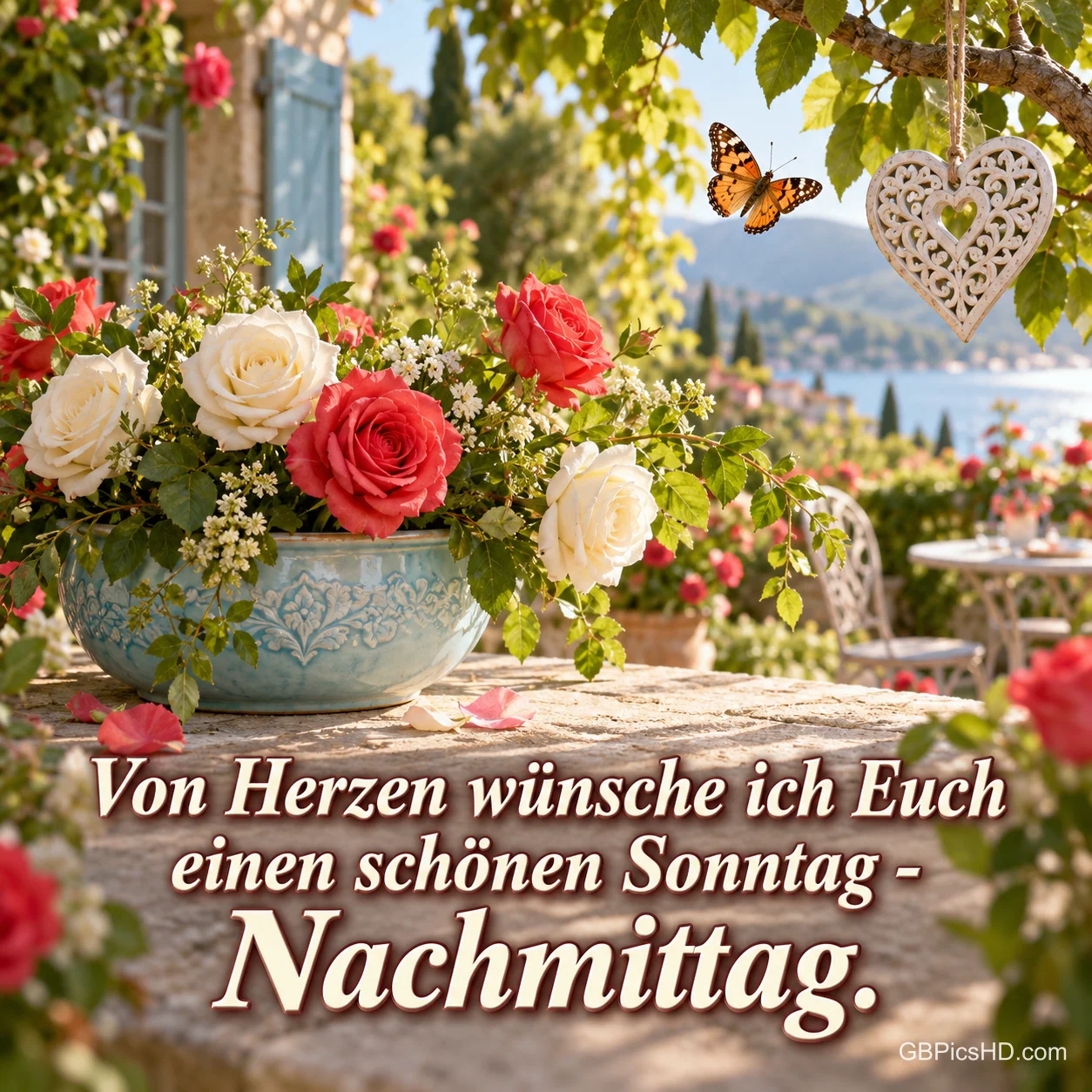Rosen in einer blauen Schale und ein hängendes Herz mit "Von Herzen wünsche ich Euch einen schönen Sonntag - Nachmittag.".