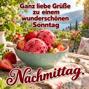 Erdbeereis in einer Schale auf einem Gartentisch mit "Ganz liebe Grüße zu einem wunderschönen Sonntag Nachmittag.".