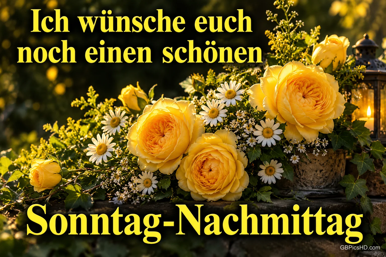 Gelbe Rosen, weiße Margeriten und eine leuchtende Laterne mit "Ich wünsche euch noch einen schönen Sonntag-Nachmittag".