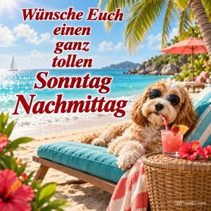 Ein Hund mit Sonnenbrille liegt am Strand neben einem Getränk mit "Wünsche Euch einen ganz tollen Sonntag Nachmittag".