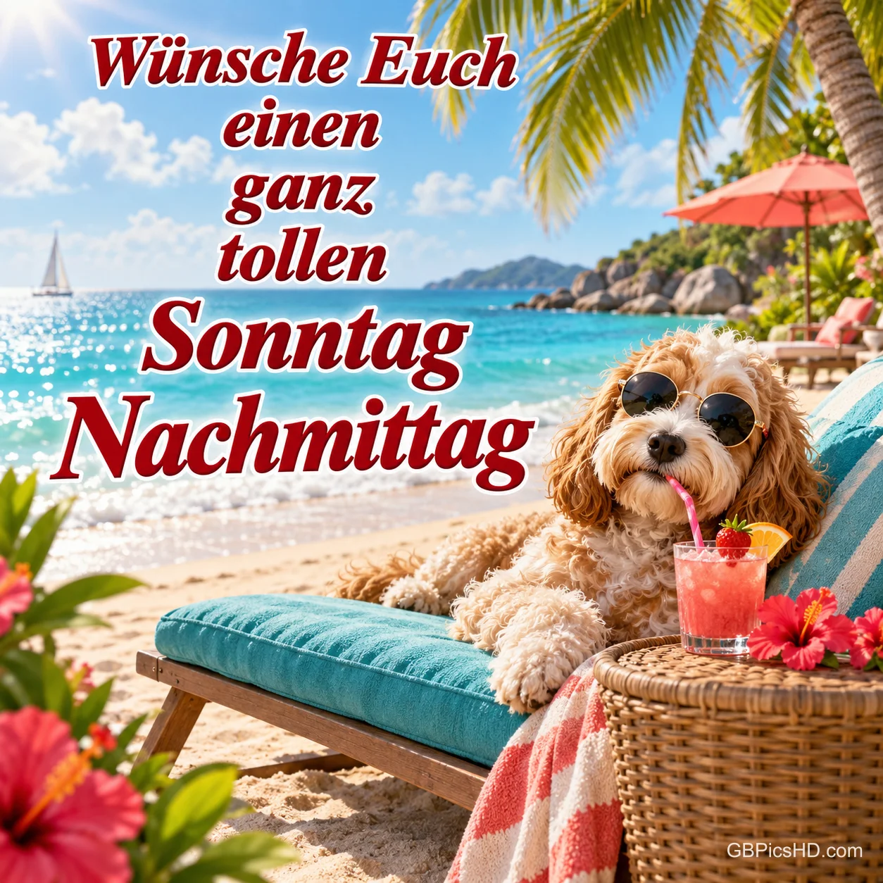 Ein Hund mit Sonnenbrille liegt am Strand neben einem Getränk mit "Wünsche Euch einen ganz tollen Sonntag Nachmittag".