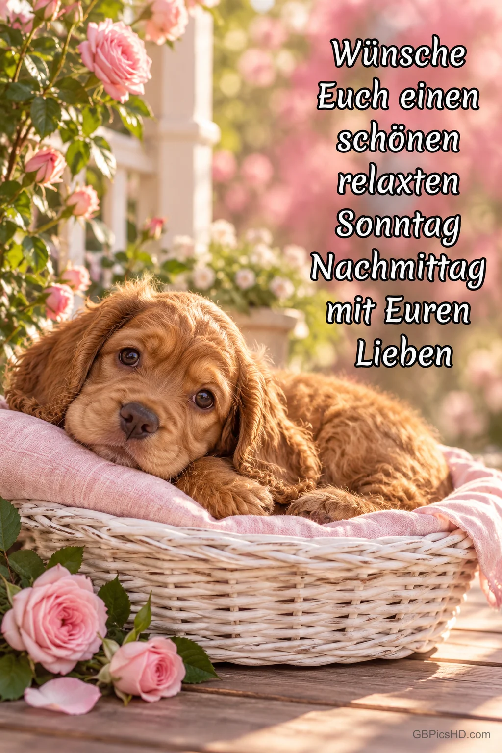 Ein Welpe liegt im rosa gepolsterten Korb mit "Wünsche Euch einen schönen relaxten Sonntag Nachmittag mit Euren Lieben".