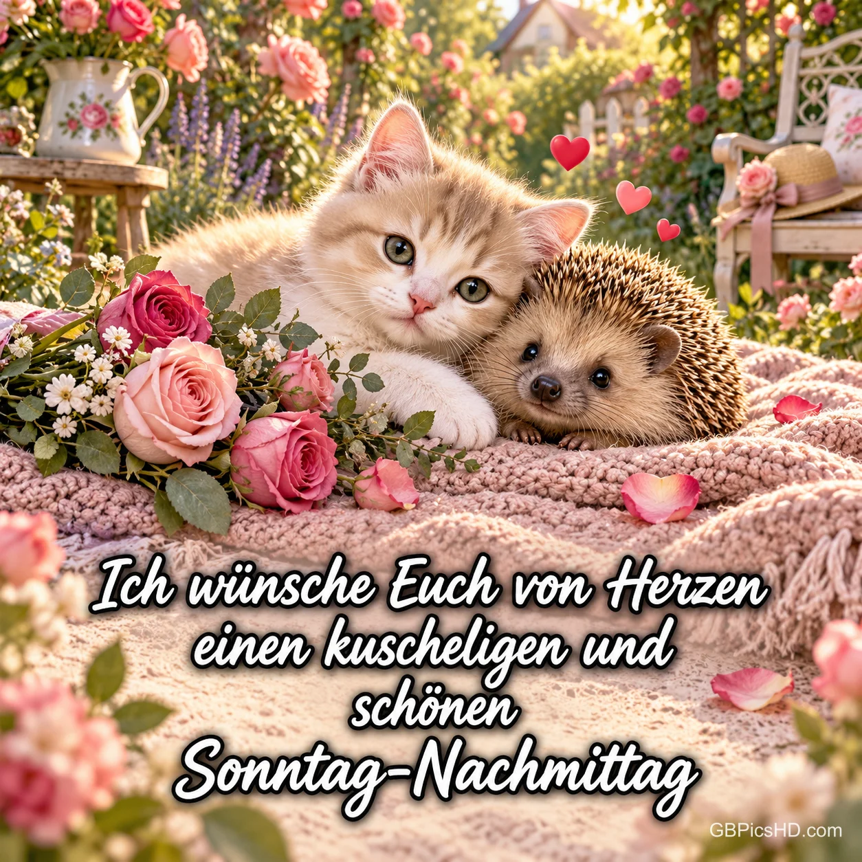 Kätzchen und Igel auf einer Decke mit "Ich wünsche Euch von Herzen einen kuscheligen und schönen Sonntag-Nachmittag".